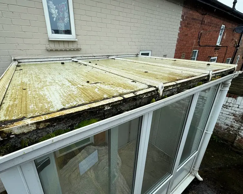 Lean-to conservatory roof covered in green algae and dirt before replacement